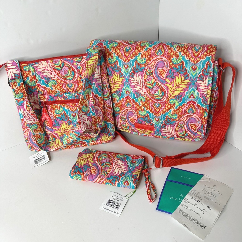 Vera Bradley Paisley in Paradise 3pc Set Messenger Hipster Front Zip Wristlet